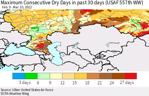 Russian Federation Maximum Consecutive Dry Days in past 30 days (USAF 557th WW) 03/10/2022 Thematic Map For 3/6/2022 - 3/10/2022