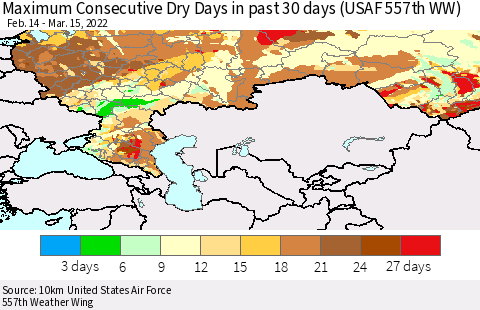 Russian Federation Maximum Consecutive Dry Days in past 30 days (USAF 557th WW) 03/15/2022 Thematic Map For 3/11/2022 - 3/15/2022