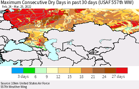 Russian Federation Maximum Consecutive Dry Days in past 30 days (USAF 557th WW) 03/25/2022 Thematic Map For 3/21/2022 - 3/25/2022