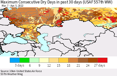 Russian Federation Maximum Consecutive Dry Days in past 30 days (USAF 557th WW) 04/05/2022 Thematic Map For 4/1/2022 - 4/5/2022