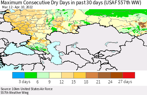 Russian Federation Maximum Consecutive Dry Days in past 30 days (USAF 557th WW) 04/10/2022 Thematic Map For 4/6/2022 - 4/10/2022