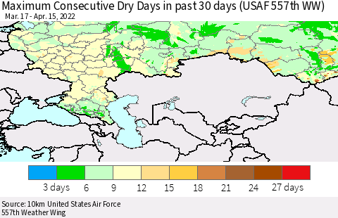 Russian Federation Maximum Consecutive Dry Days in past 30 days (USAF 557th WW) 04/15/2022 Thematic Map For 4/11/2022 - 4/15/2022