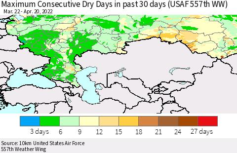 Russian Federation Maximum Consecutive Dry Days in past 30 days (USAF 557th WW) 04/20/2022 Thematic Map For 4/16/2022 - 4/20/2022