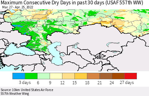 Russian Federation Maximum Consecutive Dry Days in past 30 days (USAF 557th WW) 04/25/2022 Thematic Map For 4/21/2022 - 4/25/2022
