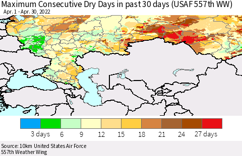 Russian Federation Maximum Consecutive Dry Days in past 30 days (USAF 557th WW) 04/30/2022 Thematic Map For 4/26/2022 - 4/30/2022