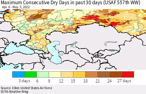 Russian Federation Maximum Consecutive Dry Days in past 30 days (USAF 557th WW) 05/05/2022 Thematic Map For 5/1/2022 - 5/5/2022