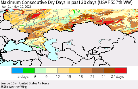 Russian Federation Maximum Consecutive Dry Days in past 30 days (USAF 557th WW) 05/10/2022 Thematic Map For 5/6/2022 - 5/10/2022