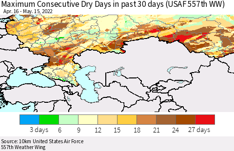 Russian Federation Maximum Consecutive Dry Days in past 30 days (USAF 557th WW) 05/15/2022 Thematic Map For 5/11/2022 - 5/15/2022