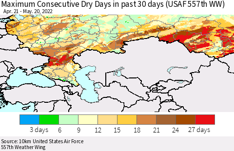Russian Federation Maximum Consecutive Dry Days in past 30 days (USAF 557th WW) 05/20/2022 Thematic Map For 5/16/2022 - 5/20/2022