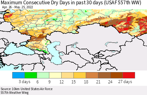 Russian Federation Maximum Consecutive Dry Days in past 30 days (USAF 557th WW) 05/25/2022 Thematic Map For 5/21/2022 - 5/25/2022
