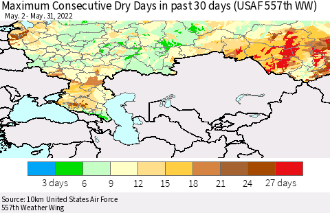 Russian Federation Maximum Consecutive Dry Days in past 30 days (USAF 557th WW) 05/31/2022 Thematic Map For 5/26/2022 - 5/31/2022