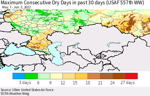 Russian Federation Maximum Consecutive Dry Days in past 30 days (USAF 557th WW) 06/05/2022 Thematic Map For 6/1/2022 - 6/5/2022