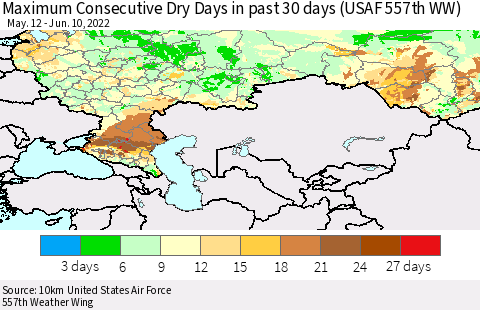 Russian Federation Maximum Consecutive Dry Days in past 30 days (USAF 557th WW) 06/10/2022 Thematic Map For 6/6/2022 - 6/10/2022