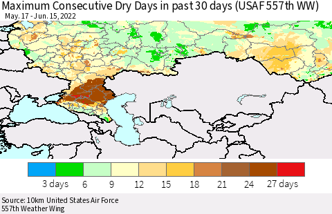 Russian Federation Maximum Consecutive Dry Days in past 30 days (USAF 557th WW) 06/15/2022 Thematic Map For 6/11/2022 - 6/15/2022