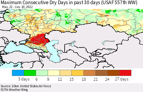Russian Federation Maximum Consecutive Dry Days in past 30 days (USAF 557th WW) 06/20/2022 Thematic Map For 6/16/2022 - 6/20/2022
