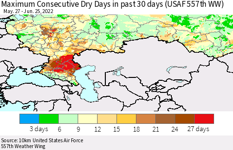 Russian Federation Maximum Consecutive Dry Days in past 30 days (USAF 557th WW) 06/25/2022 Thematic Map For 6/21/2022 - 6/25/2022