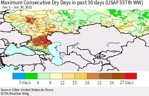 Russian Federation Maximum Consecutive Dry Days in past 30 days (USAF 557th WW) 06/30/2022 Thematic Map For 6/26/2022 - 6/30/2022