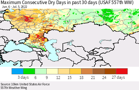 Russian Federation Maximum Consecutive Dry Days in past 30 days (USAF 557th WW) 07/05/2022 Thematic Map For 7/1/2022 - 7/5/2022