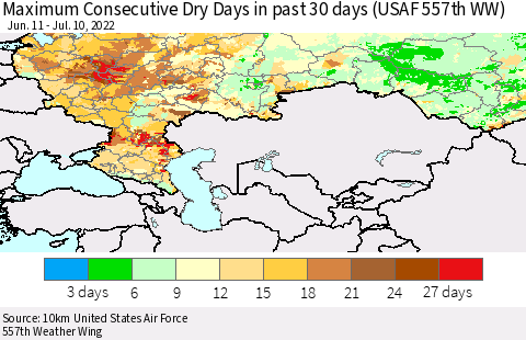 Russian Federation Maximum Consecutive Dry Days in past 30 days (USAF 557th WW) 07/10/2022 Thematic Map For 7/6/2022 - 7/10/2022