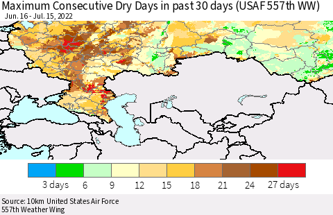 Russian Federation Maximum Consecutive Dry Days in past 30 days (USAF 557th WW) 07/15/2022 Thematic Map For 7/11/2022 - 7/15/2022