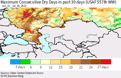 Russian Federation Maximum Consecutive Dry Days in past 30 days (USAF 557th WW) 07/20/2022 Thematic Map For 7/16/2022 - 7/20/2022