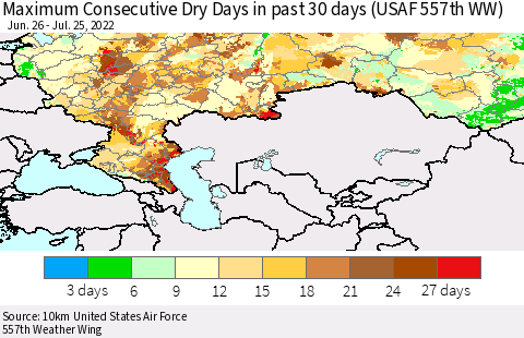 Russian Federation Maximum Consecutive Dry Days in past 30 days (USAF 557th WW) 07/25/2022 Thematic Map For 7/21/2022 - 7/25/2022