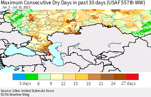 Russian Federation Maximum Consecutive Dry Days in past 30 days (USAF 557th WW) 07/31/2022 Thematic Map For 7/26/2022 - 7/31/2022