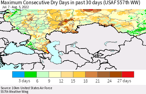 Russian Federation Maximum Consecutive Dry Days in past 30 days (USAF 557th WW) 08/05/2022 Thematic Map For 8/1/2022 - 8/5/2022
