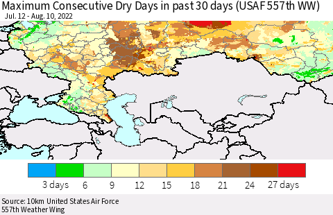 Russian Federation Maximum Consecutive Dry Days in past 30 days (USAF 557th WW) 08/10/2022 Thematic Map For 8/6/2022 - 8/10/2022