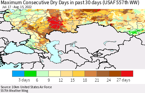 Russian Federation Maximum Consecutive Dry Days in past 30 days (USAF 557th WW) 08/15/2022 Thematic Map For 8/11/2022 - 8/15/2022