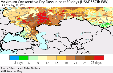 Russian Federation Maximum Consecutive Dry Days in past 30 days (USAF 557th WW) 08/20/2022 Thematic Map For 8/16/2022 - 8/20/2022
