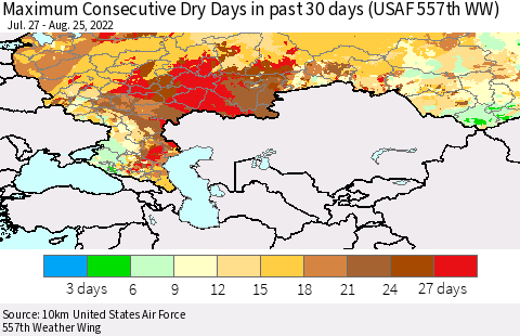 Russian Federation Maximum Consecutive Dry Days in past 30 days (USAF 557th WW) 08/25/2022 Thematic Map For 8/21/2022 - 8/25/2022