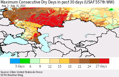Russian Federation Maximum Consecutive Dry Days in past 30 days (USAF 557th WW) 08/31/2022 Thematic Map For 8/26/2022 - 8/31/2022