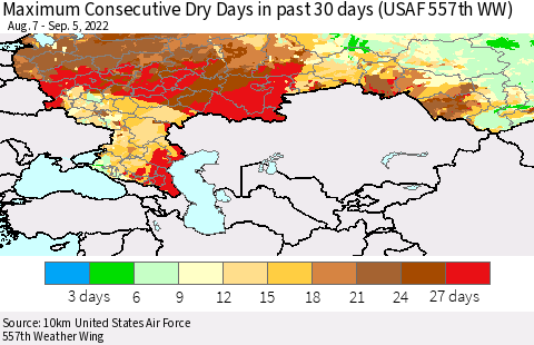 Russian Federation Maximum Consecutive Dry Days in past 30 days (USAF 557th WW) 09/05/2022 Thematic Map For 9/1/2022 - 9/5/2022