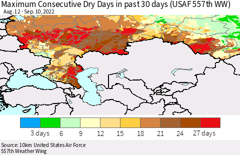 Russian Federation Maximum Consecutive Dry Days in past 30 days (USAF 557th WW) 09/10/2022 Thematic Map For 9/6/2022 - 9/10/2022