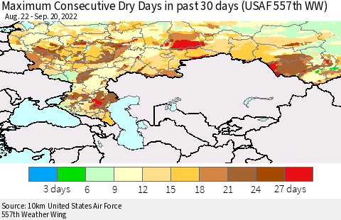 Russian Federation Maximum Consecutive Dry Days in past 30 days (USAF 557th WW) 09/20/2022 Thematic Map For 9/16/2022 - 9/20/2022