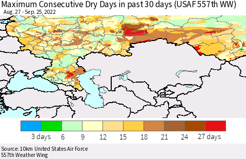 Russian Federation Maximum Consecutive Dry Days in past 30 days (USAF 557th WW) 09/25/2022 Thematic Map For 9/21/2022 - 9/25/2022