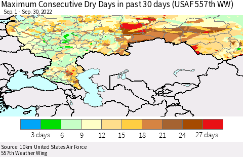 Russian Federation Maximum Consecutive Dry Days in past 30 days (USAF 557th WW) 09/30/2022 Thematic Map For 9/26/2022 - 9/30/2022