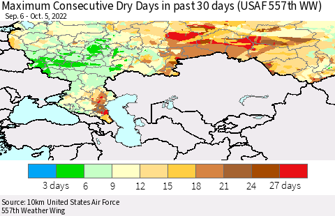 Russian Federation Maximum Consecutive Dry Days in past 30 days (USAF 557th WW) 10/05/2022 Thematic Map For 10/1/2022 - 10/5/2022