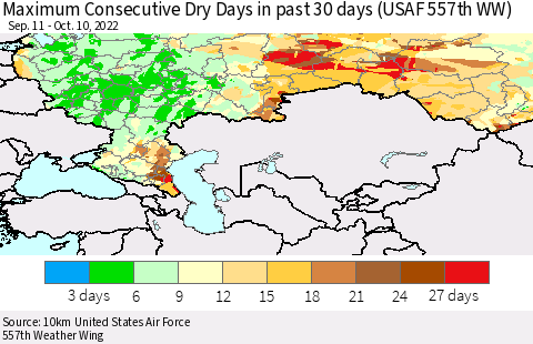 Russian Federation Maximum Consecutive Dry Days in past 30 days (USAF 557th WW) 10/10/2022 Thematic Map For 10/6/2022 - 10/10/2022