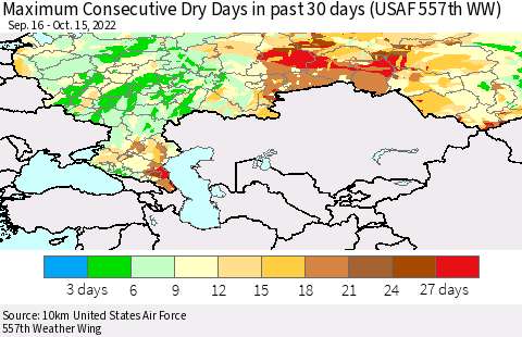 Russian Federation Maximum Consecutive Dry Days in past 30 days (USAF 557th WW) 10/15/2022 Thematic Map For 10/11/2022 - 10/15/2022