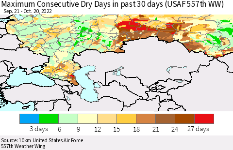 Russian Federation Maximum Consecutive Dry Days in past 30 days (USAF 557th WW) 10/20/2022 Thematic Map For 10/16/2022 - 10/20/2022