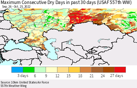 Russian Federation Maximum Consecutive Dry Days in past 30 days (USAF 557th WW) 10/25/2022 Thematic Map For 10/21/2022 - 10/25/2022