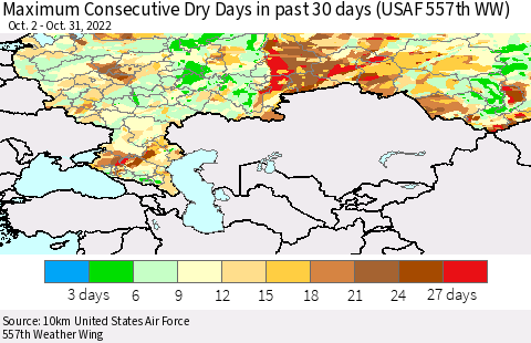 Russian Federation Maximum Consecutive Dry Days in past 30 days (USAF 557th WW) 10/31/2022 Thematic Map For 10/26/2022 - 10/31/2022