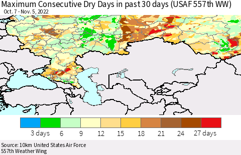 Russian Federation Maximum Consecutive Dry Days in past 30 days (USAF 557th WW) 11/05/2022 Thematic Map For 11/1/2022 - 11/5/2022