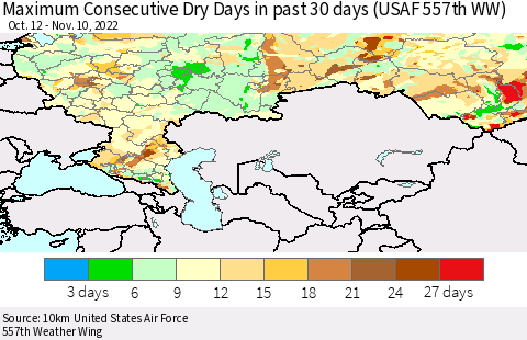 Russian Federation Maximum Consecutive Dry Days in past 30 days (USAF 557th WW) 11/10/2022 Thematic Map For 11/6/2022 - 11/10/2022