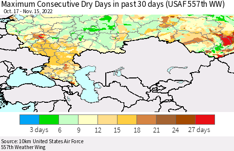 Russian Federation Maximum Consecutive Dry Days in past 30 days (USAF 557th WW) 11/15/2022 Thematic Map For 11/11/2022 - 11/15/2022