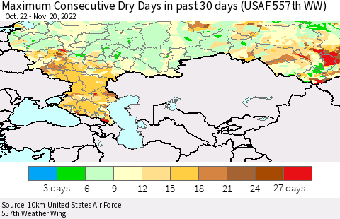 Russian Federation Maximum Consecutive Dry Days in past 30 days (USAF 557th WW) 11/20/2022 Thematic Map For 11/16/2022 - 11/20/2022