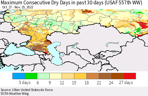 Russian Federation Maximum Consecutive Dry Days in past 30 days (USAF 557th WW) 11/25/2022 Thematic Map For 11/21/2022 - 11/25/2022