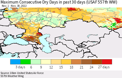Russian Federation Maximum Consecutive Dry Days in past 30 days (USAF 557th WW) 11/30/2022 Thematic Map For 11/26/2022 - 11/30/2022
